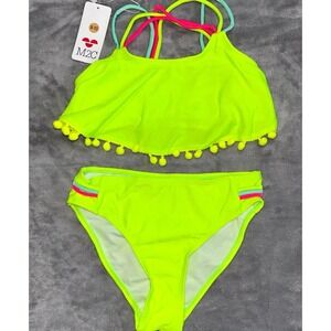 M2C 2-Piece Bikini Set Swimsuit Girls 9-10 Neon Lime Green Pom Pom Cross Strap